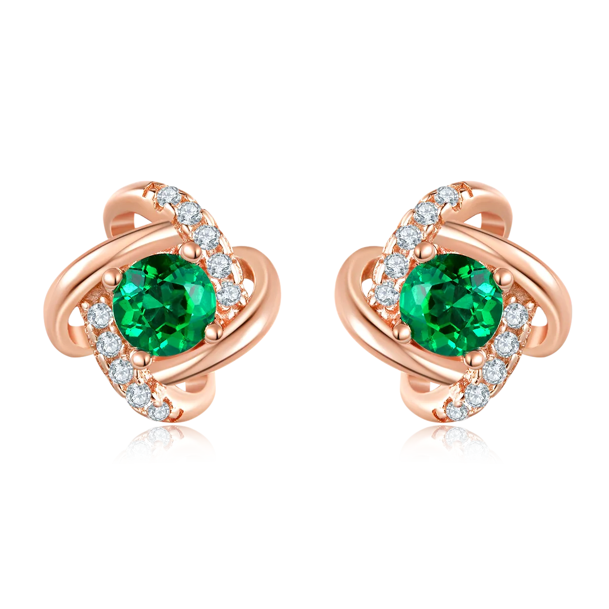 0.2 Carat Round Lab Created Emerald Rose Gold Plated Sterling Silver Four Leaf Windmill Stud Earrings