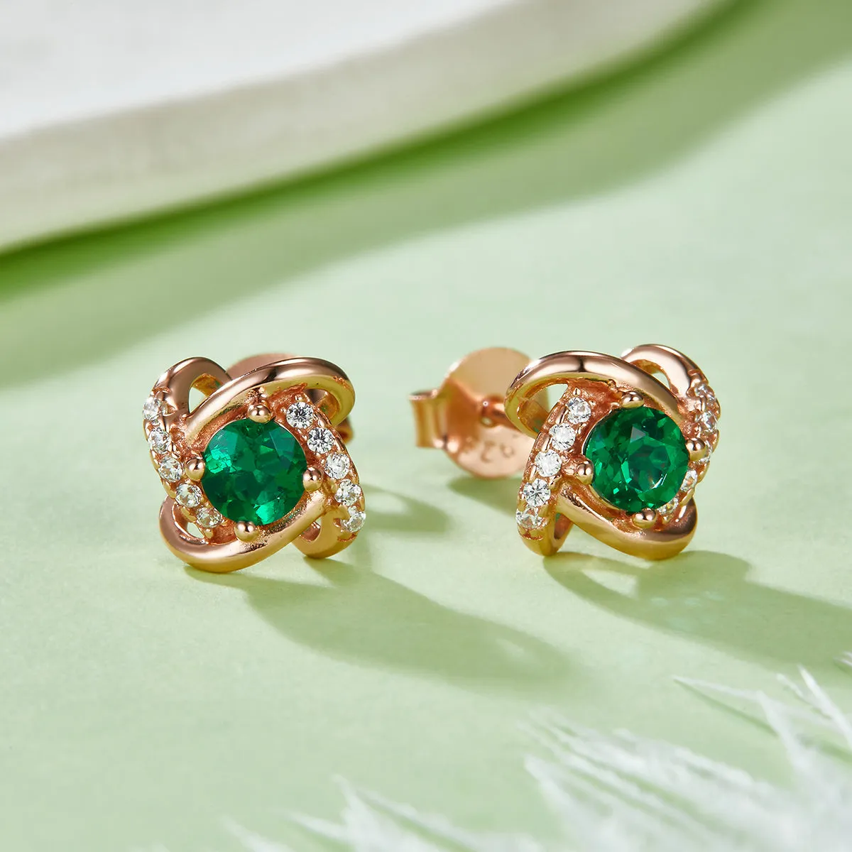 0.2 Carat Round Lab Created Emerald Rose Gold Plated Sterling Silver Four Leaf Windmill Stud Earrings