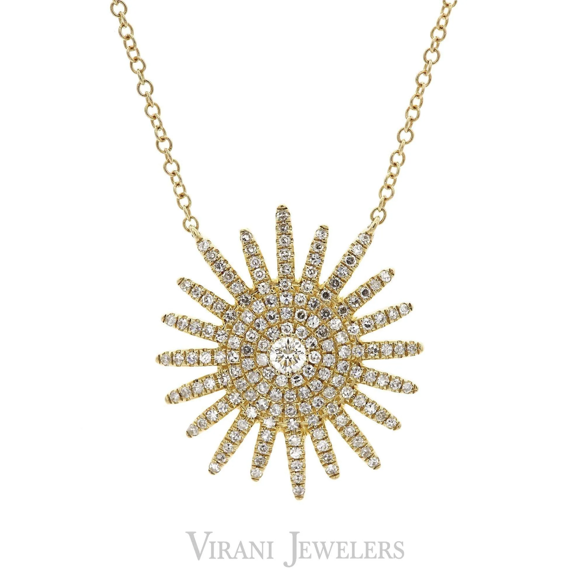 0.43CT Diamond Sun Pendant Necklace set in 14K Yellow Gold