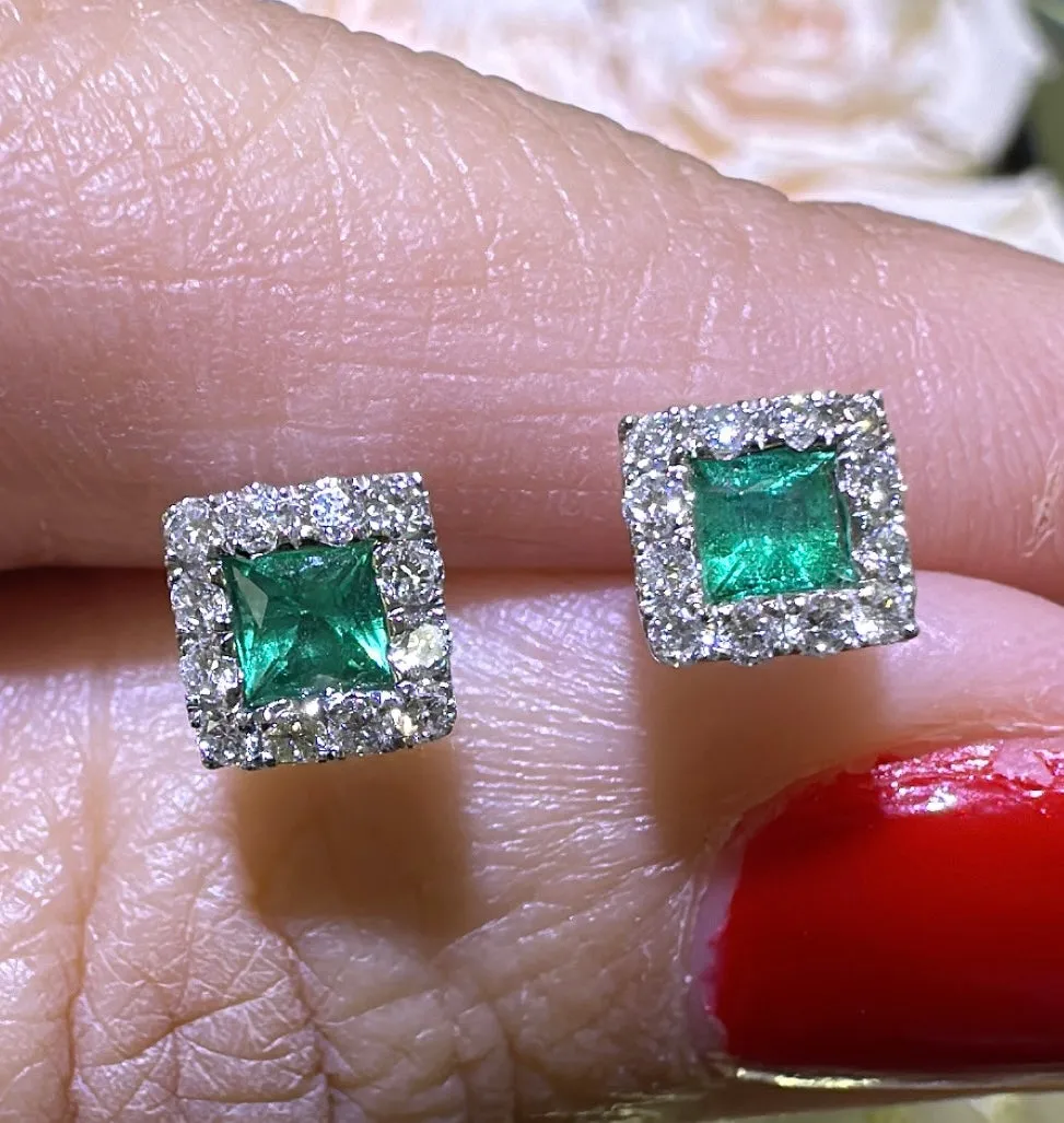 0.51ct tw Green Emerald-cut Emerald-cut Diamond Halo Stud Earrings