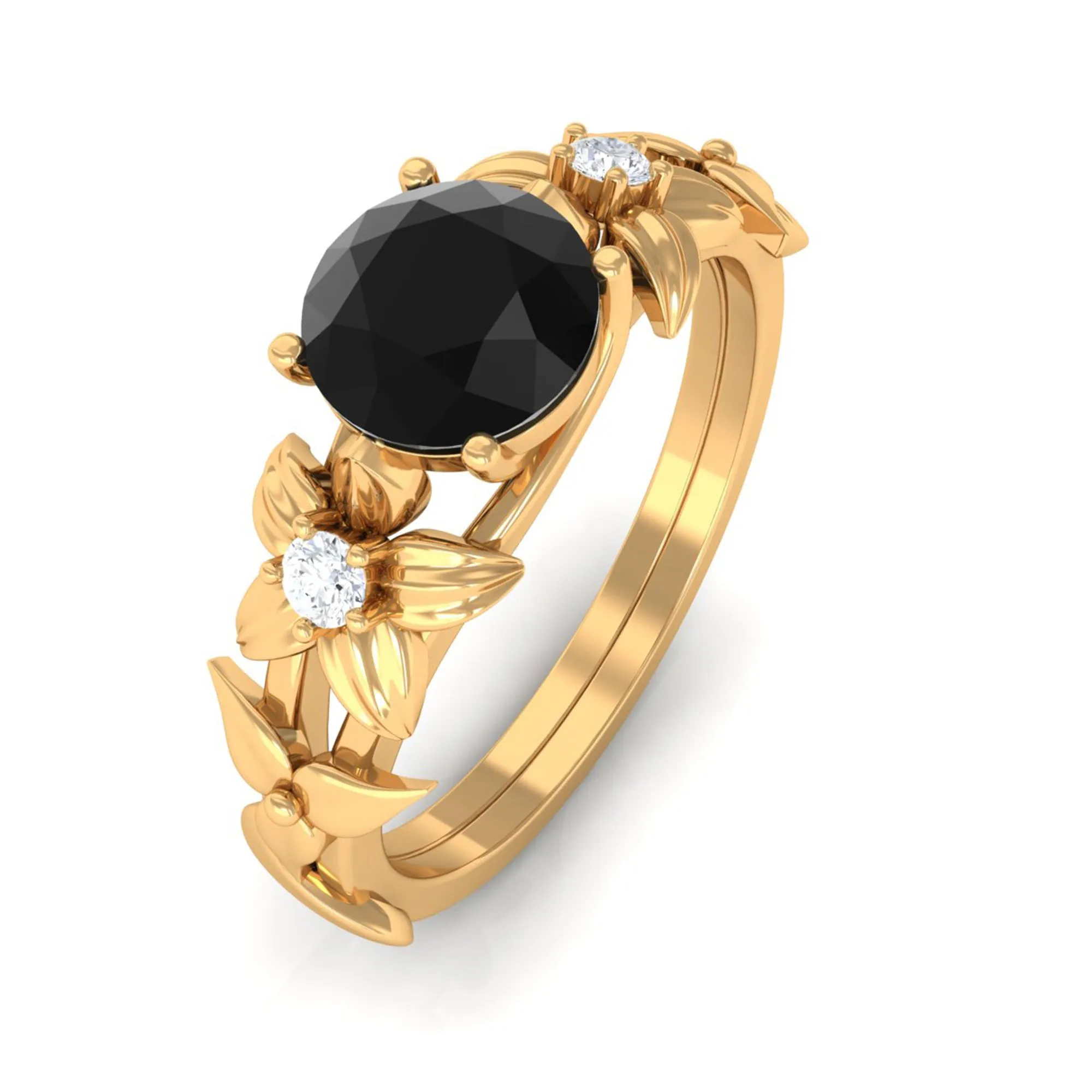 0.75 CT Black Onyx Solitaire Floral Ring with Diamond