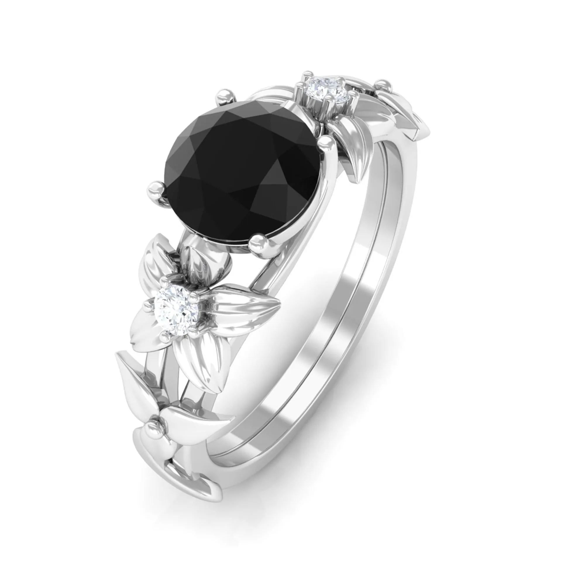 0.75 CT Black Onyx Solitaire Floral Ring with Diamond