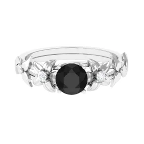 0.75 CT Black Onyx Solitaire Floral Ring with Diamond