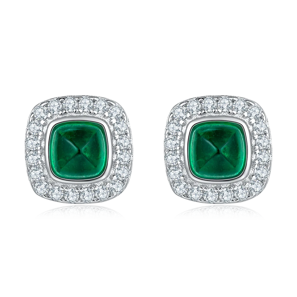 0.79 Carat Cushion Cut Lab Created Emerald Halo Stud Earrings in S925 Silver Plated Platinum