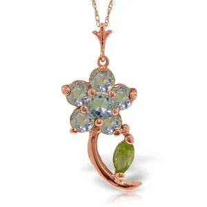 0.87 Carat 14K Solid Rose Gold Flower Stem Aquamarine Peridot Necklace