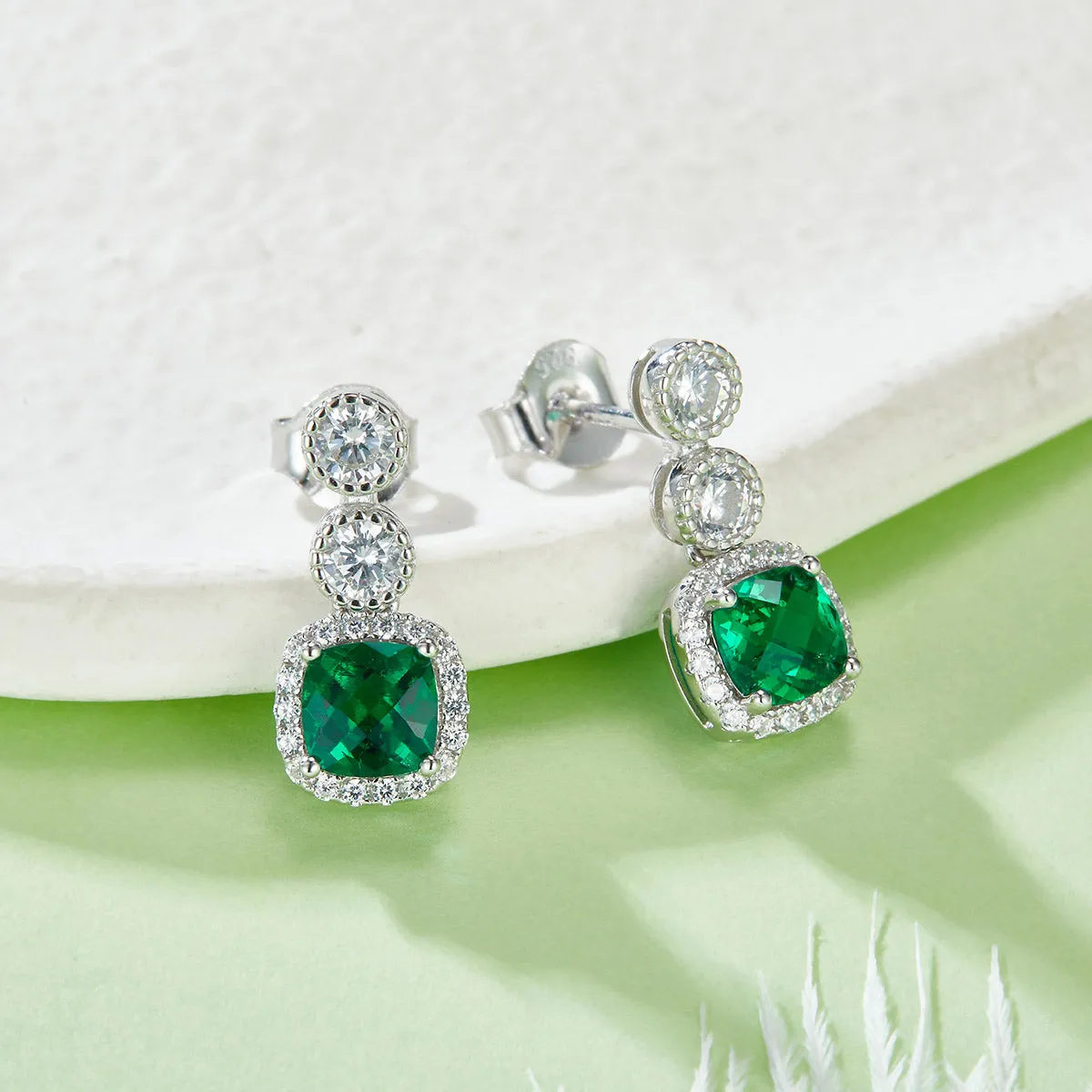 0.98 Carat Cushion Cut Lab Created Emerald Halo Drop Earrings in S925 Silver Plated Platinum