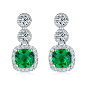 0.98 Carat Cushion Cut Lab Created Emerald Halo Drop Earrings in S925 Silver Plated Platinum