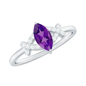 1 Carat Amethyst Marquise Solitaire Ring with Diamond