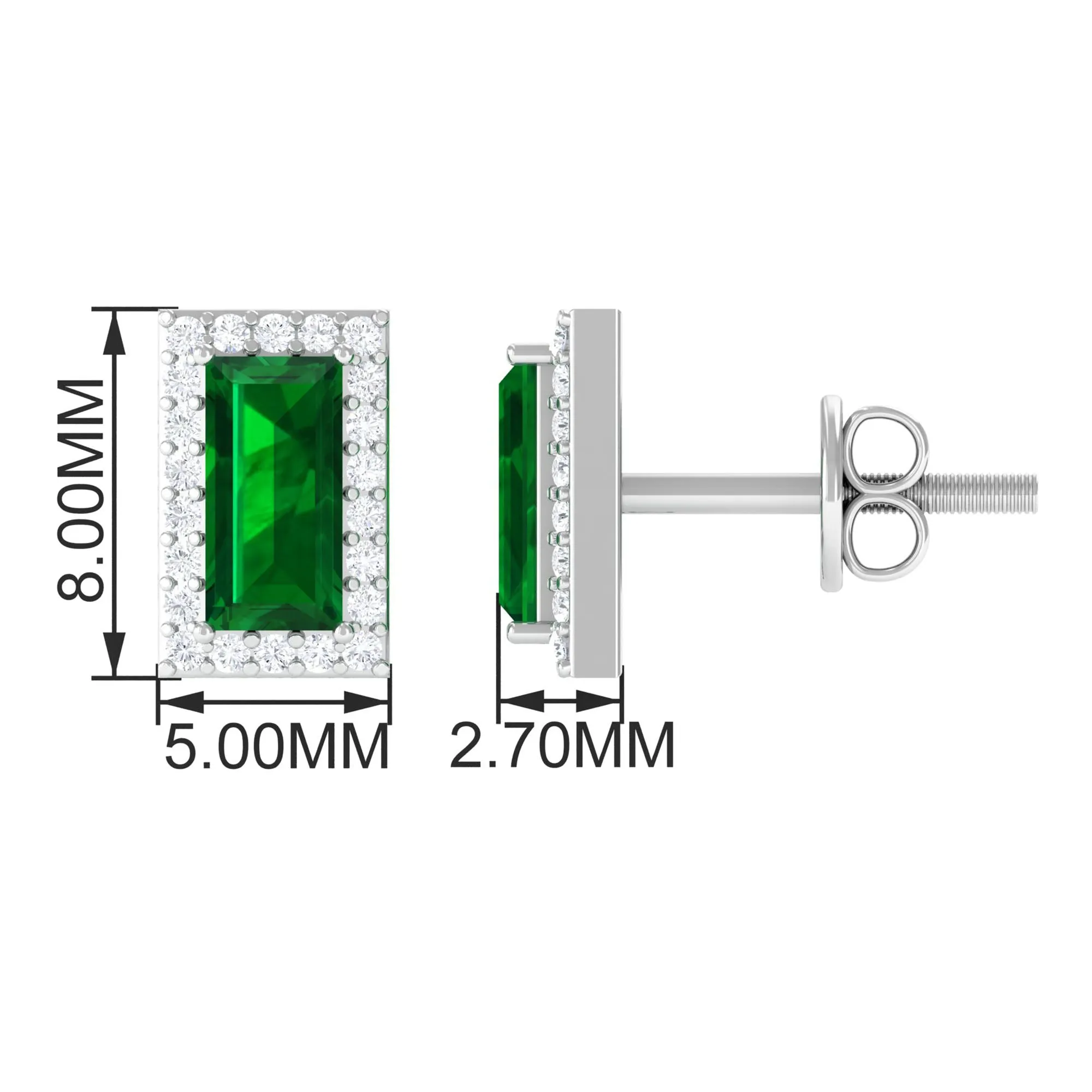 1 CT Baguette Cut Created Emerald Stud Earrings with Diamond Halo