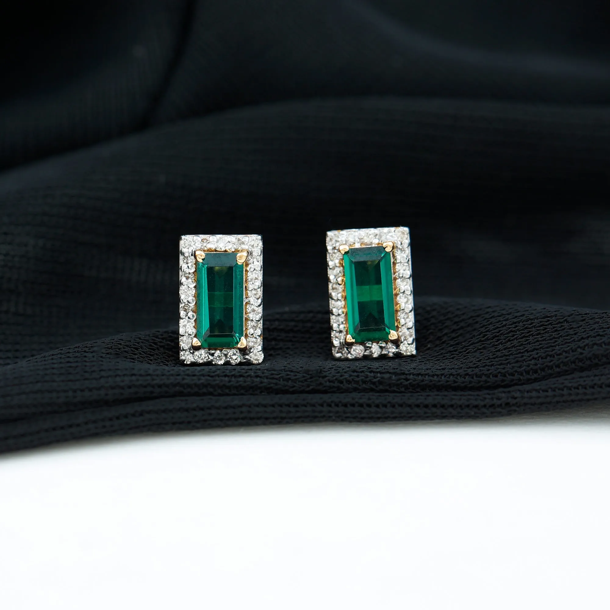 1 CT Baguette Cut Created Emerald Stud Earrings with Diamond Halo