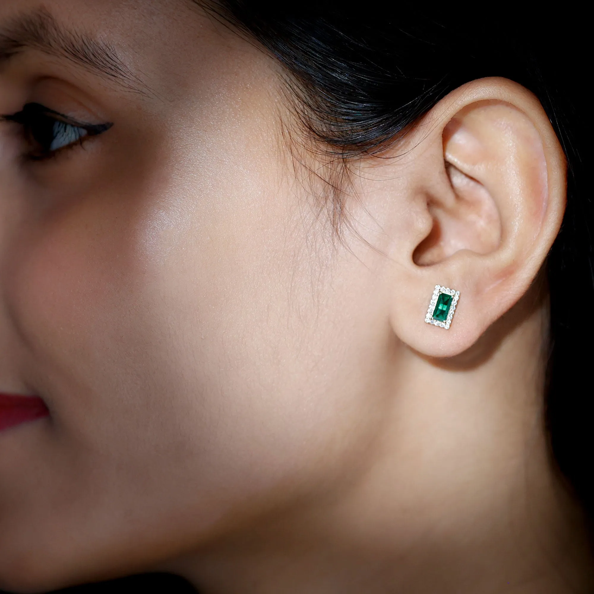 1 CT Baguette Cut Created Emerald Stud Earrings with Diamond Halo