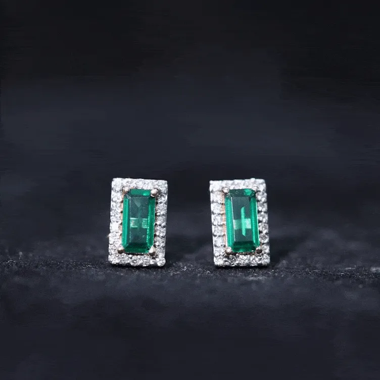 1 CT Baguette Cut Created Emerald Stud Earrings with Diamond Halo