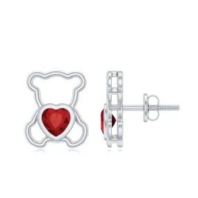 1 CT Heart Shape Created Ruby Teddy Stud Earrings