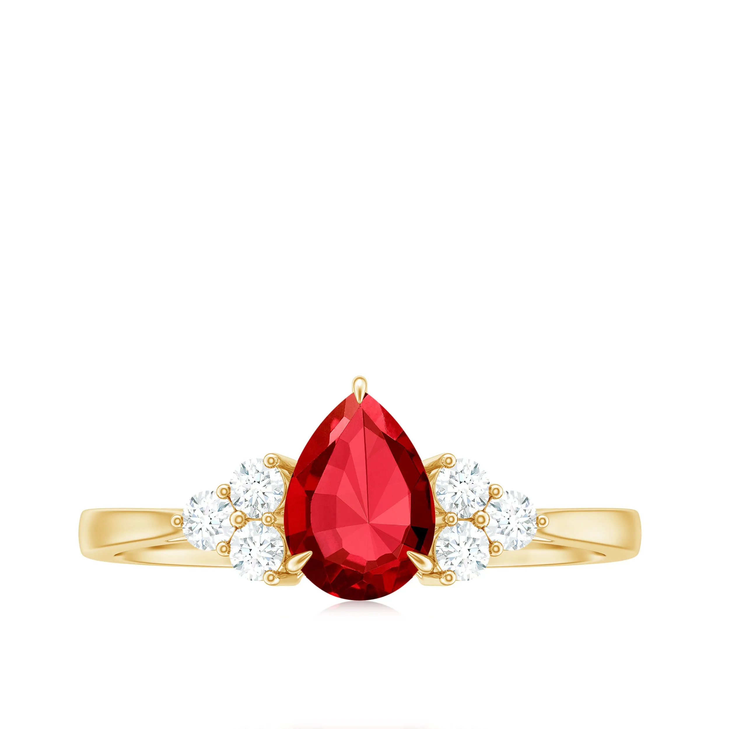 1 CT Pear Shaped Lab Grown Ruby Solitaire Ring with Diamond Trio