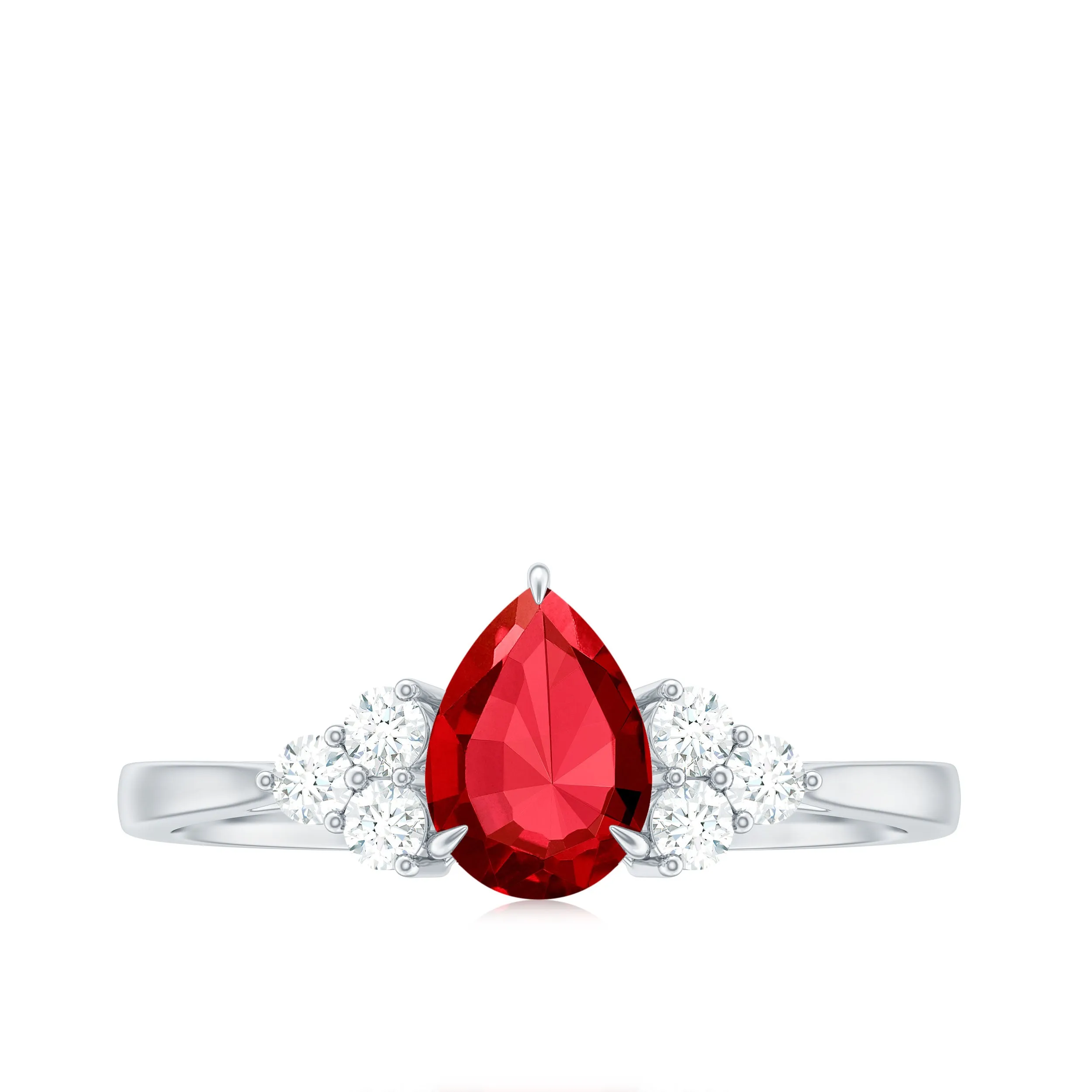 1 CT Pear Shaped Lab Grown Ruby Solitaire Ring with Diamond Trio