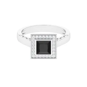 1 CT Princess Cut Created Black Diamond Solitaire Ring with Halo Diamond