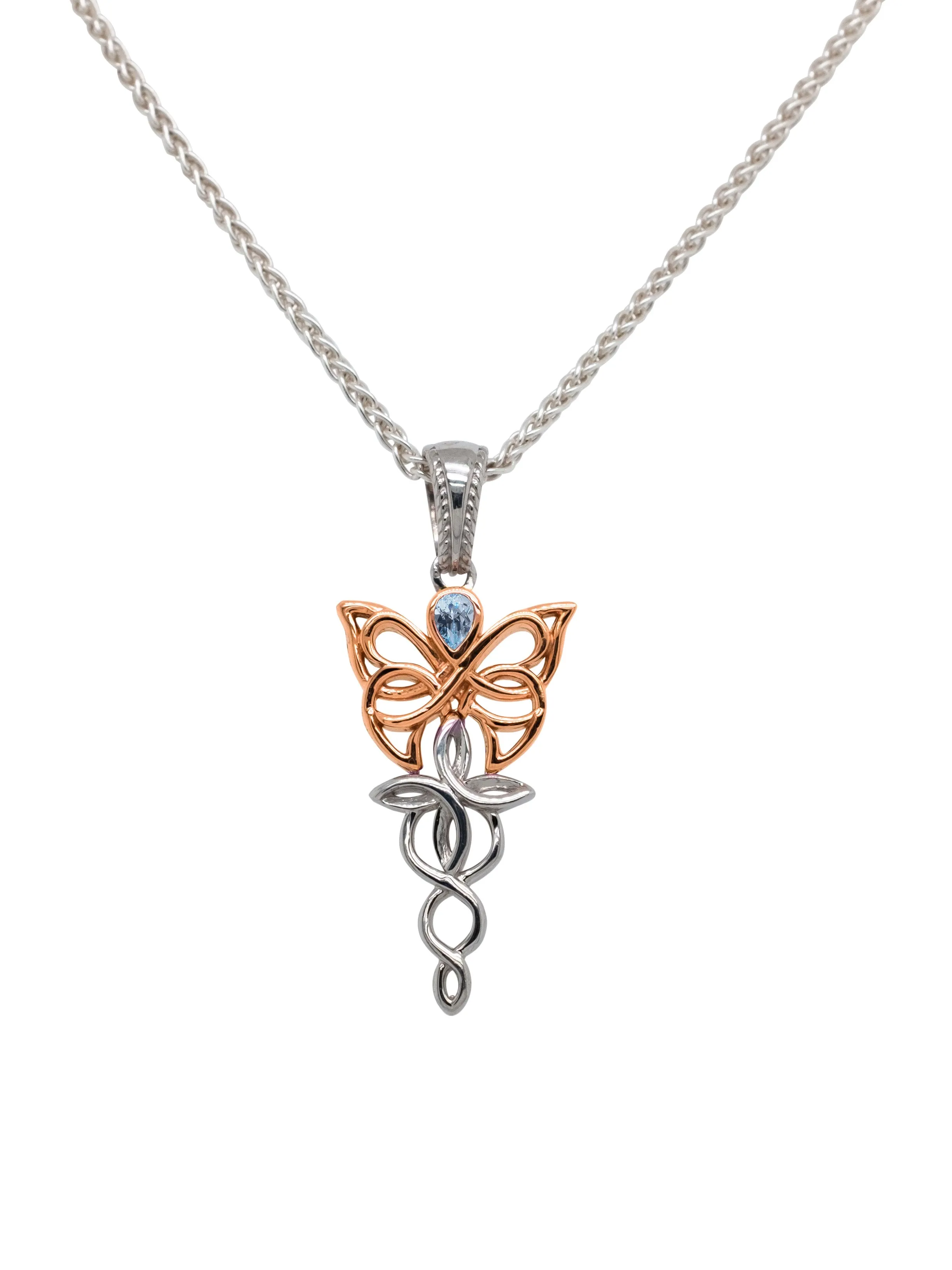 10k White and Rose Gold Butterfly Petite Pendant - Blue Topaz