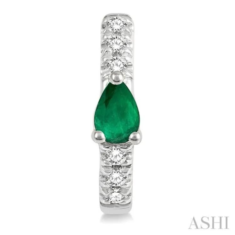 1/10 ctw 4X3MM Pear Cut Emerald and Round Cut Diamond Huggie Earrings in 10K White Gold