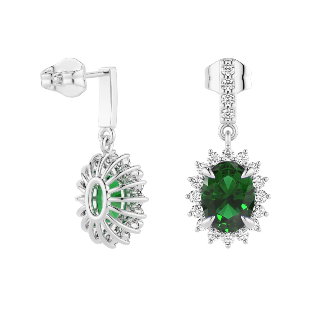 1.18 CT. Emerald Dangle Earrings with Floral Pavé Halo