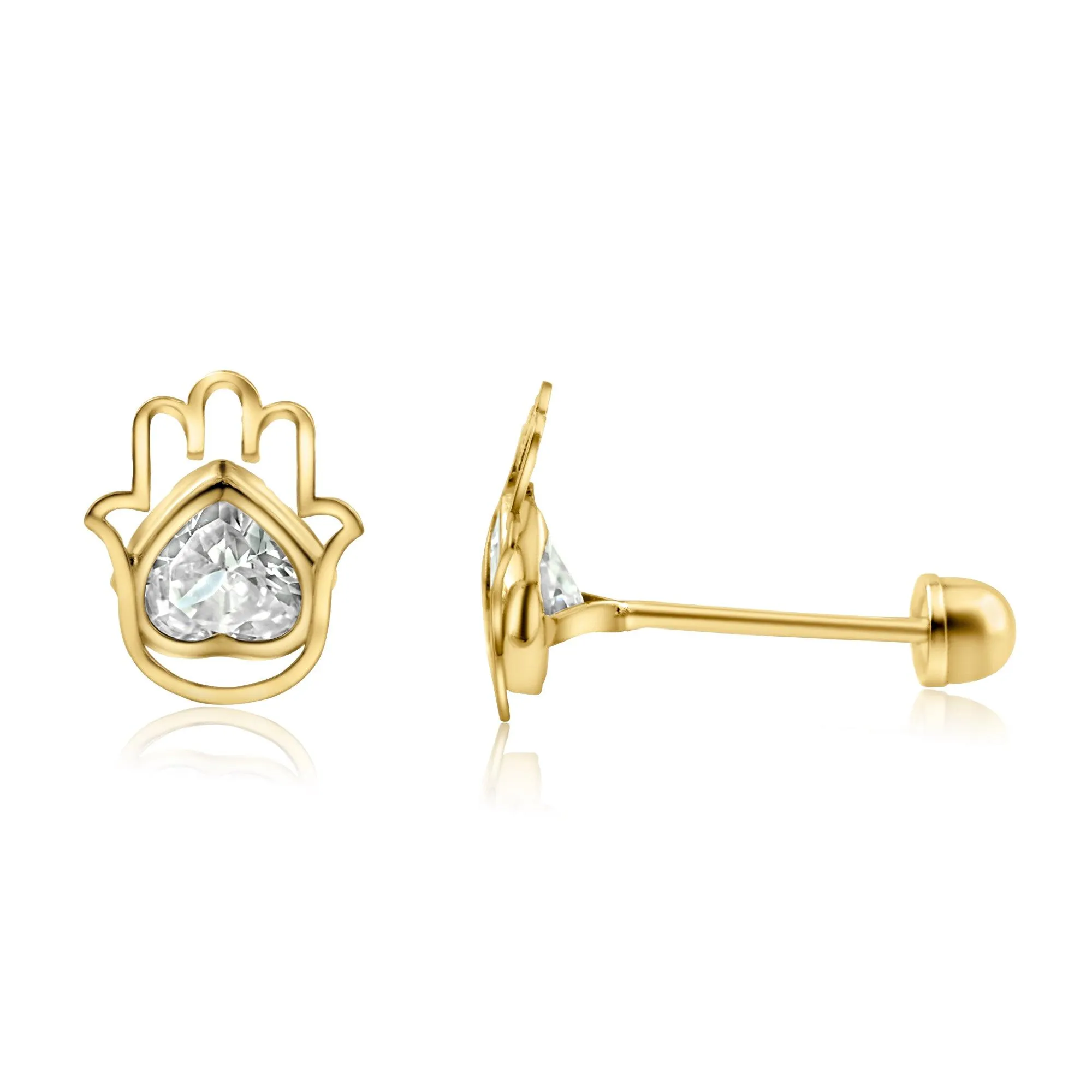 14E00313. - 14 Karat Yellow Gold Hamsa Heart CZ Screw Back Stud Earring