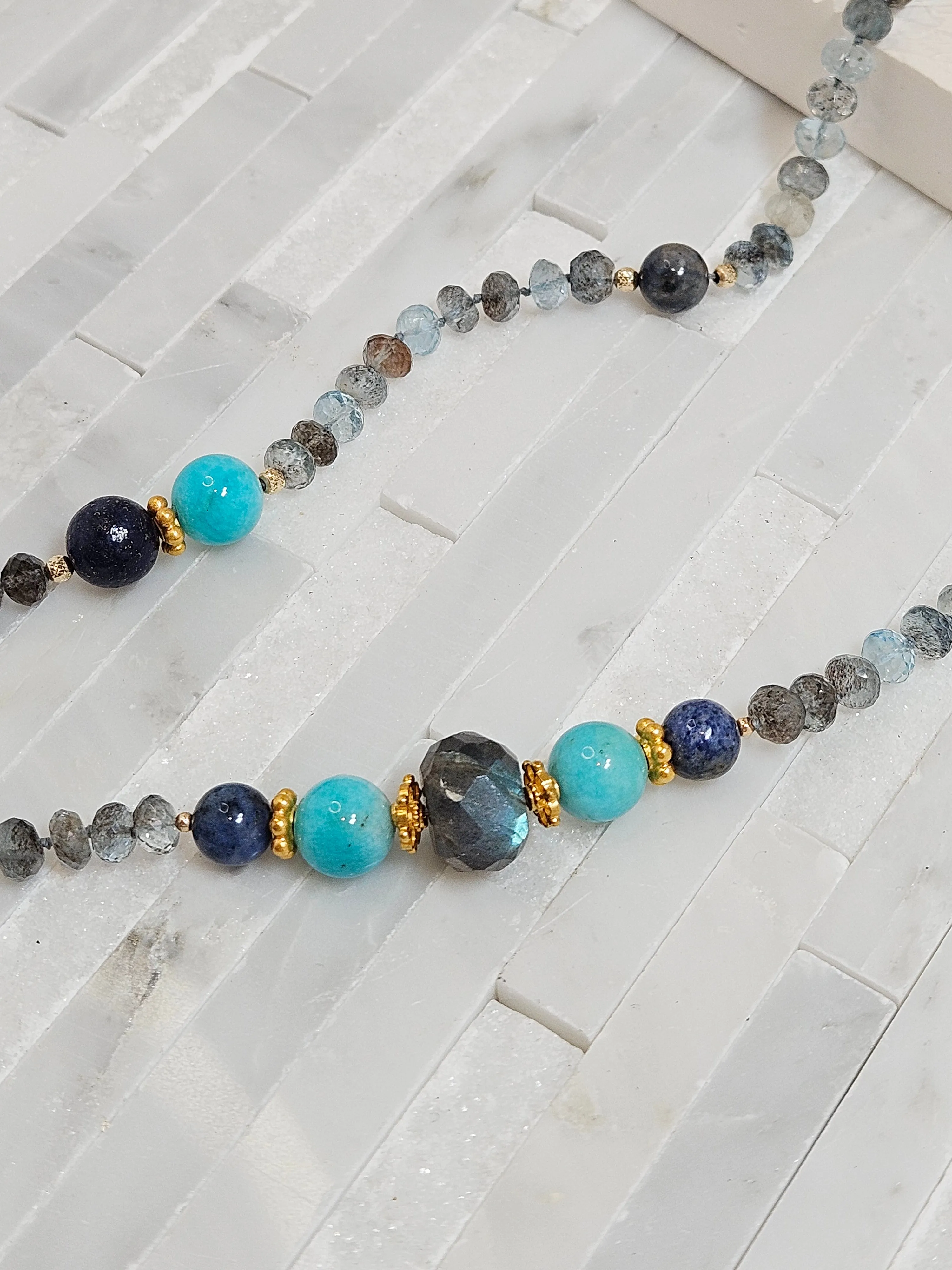 14k & 18k Solid Gold - Copper Aquamarine, Lapis, Amazonite, Labradorite and Sunset Dumortierite Multi Gemstone Open Loop Necklace 24"