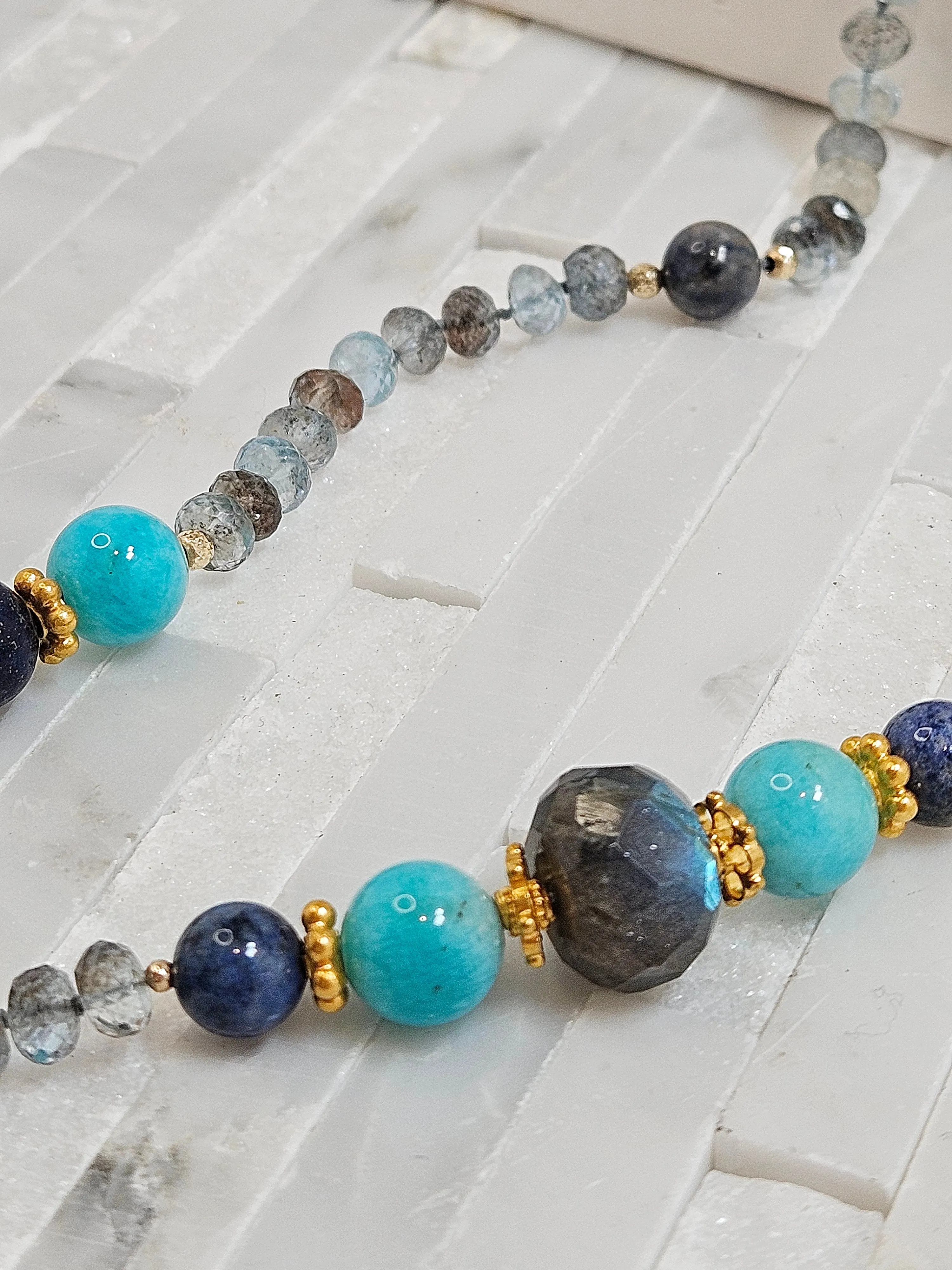 14k & 18k Solid Gold - Copper Aquamarine, Lapis, Amazonite, Labradorite and Sunset Dumortierite Multi Gemstone Open Loop Necklace 24"