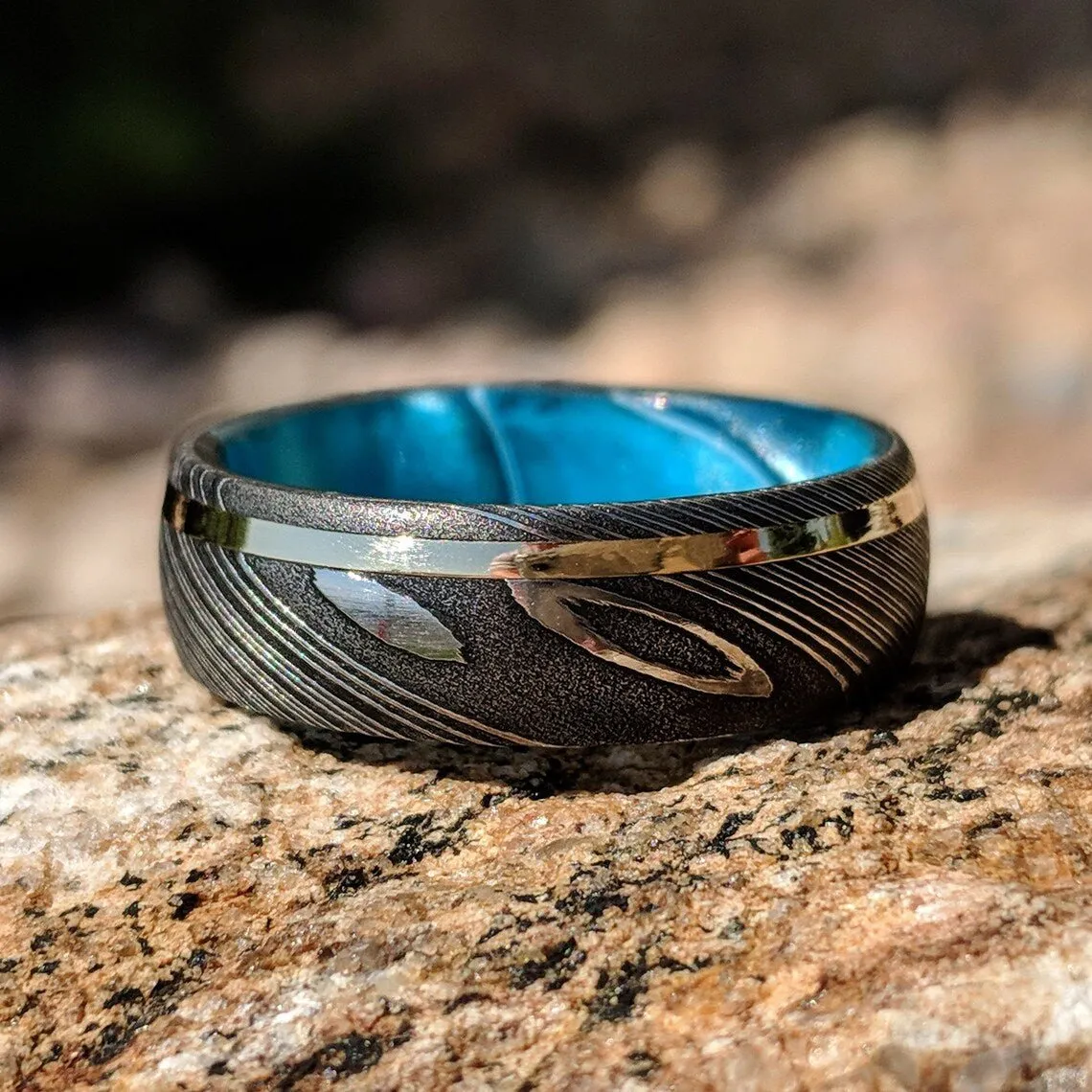 14k Gold Blue Ocean Sleeve Damascus Steel Ring, Mens Wedding Band Damascus Steel Ring