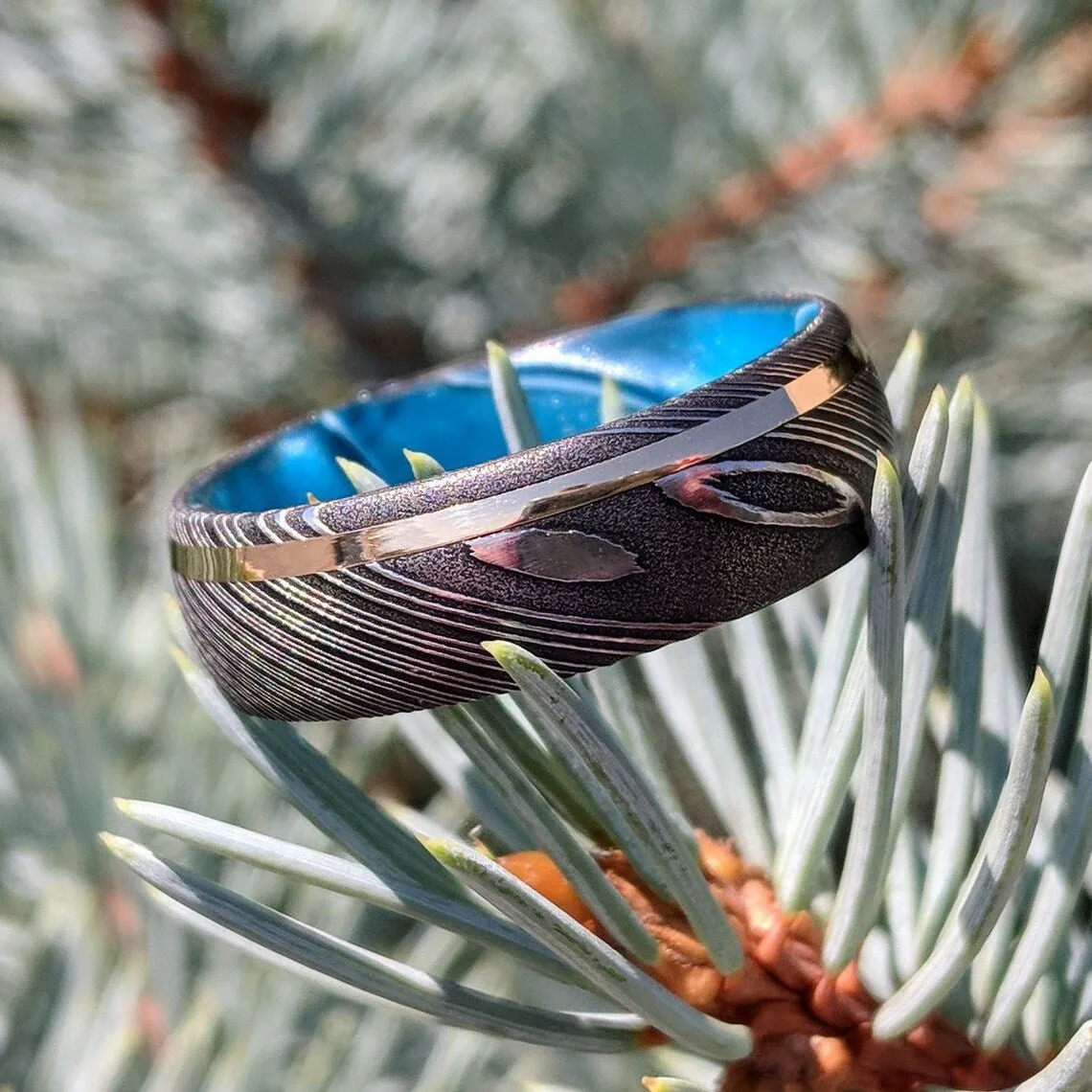 14k Gold Blue Ocean Sleeve Damascus Steel Ring, Mens Wedding Band Damascus Steel Ring