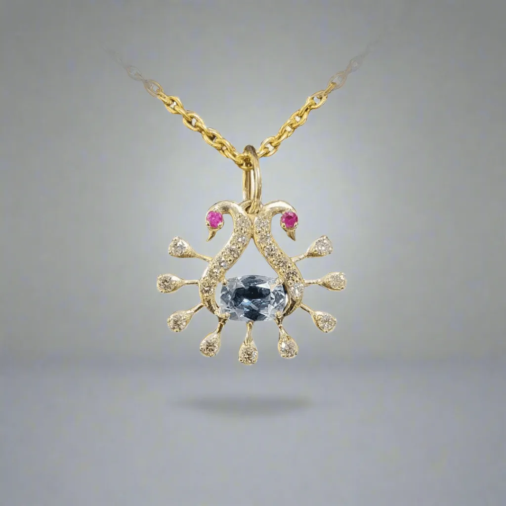 14K Gold Classic Peacock Pendant Aquamarine & Rubies Studded