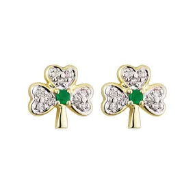 14K Gold Diamond & Emerald Shamrock Stud Earrings