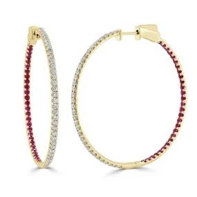 14K Gold Half Diamond Half Ruby Hoop Earrings