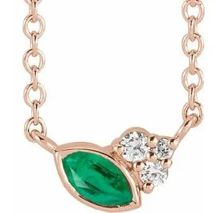 14K Gold Marquise Shape Emerald &  Diamond 16" Necklace