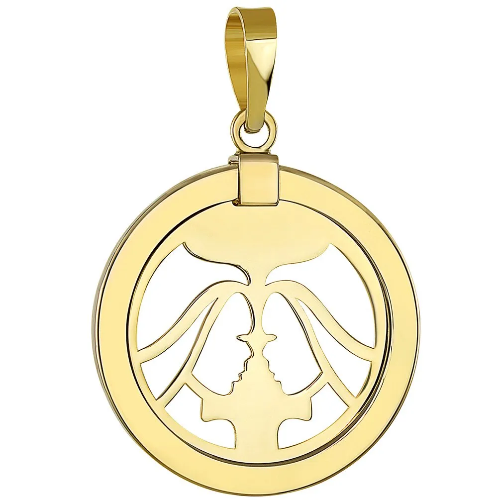 14K Gold Reversible Round Gemini Twins Zodiac Sign Pendant - Yellow Gold