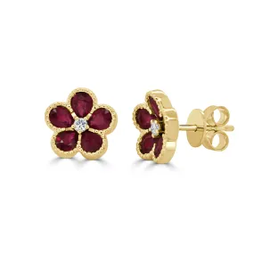 14K Gold Round Diamond & Pear Shape Ruby Flower Stud Earrings