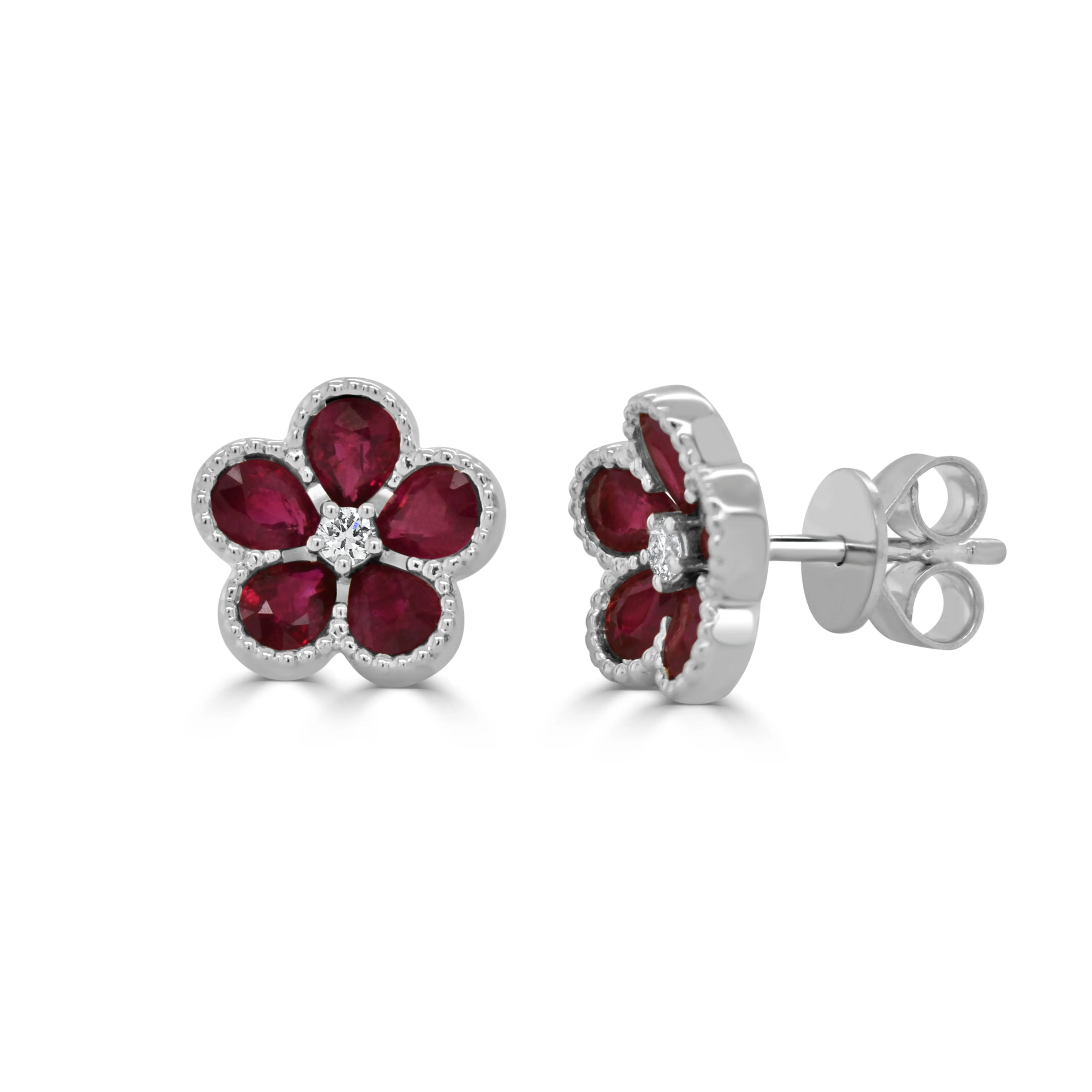 14K Gold Round Diamond & Pear Shape Ruby Flower Stud Earrings