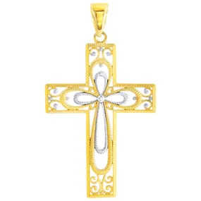 14K Gold Textured Milgrain Filigree Cross Pendant - Yellow Gold