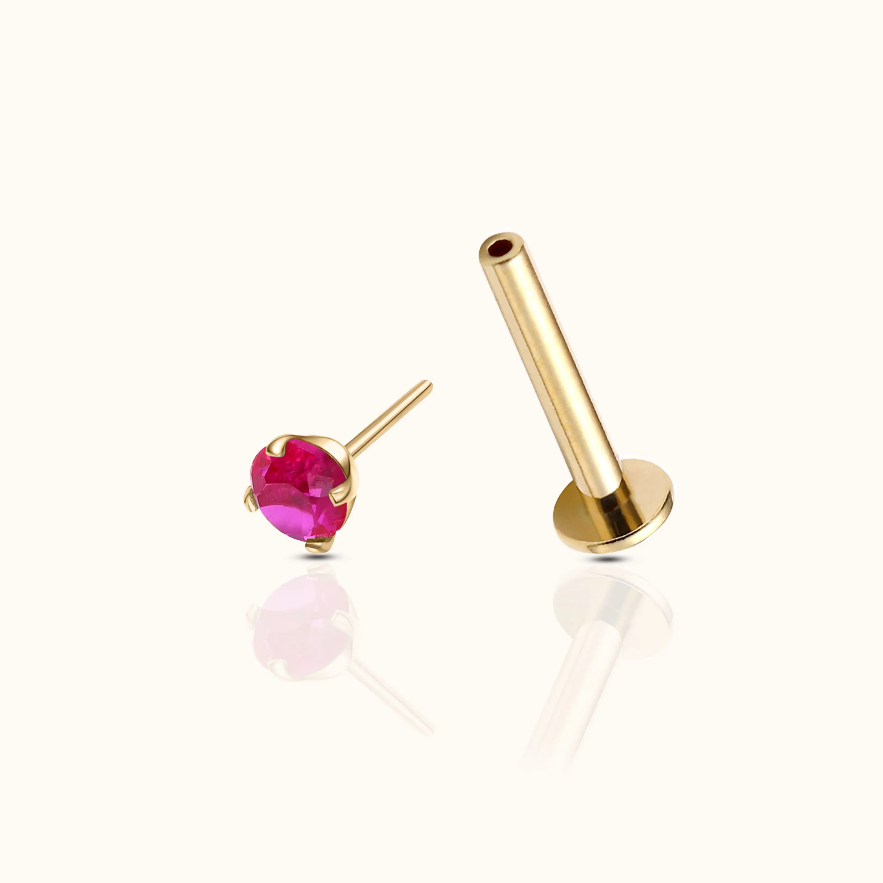 14K Solid Gold 3mm Ruby CZ Threadless Labret Flat Back Earring