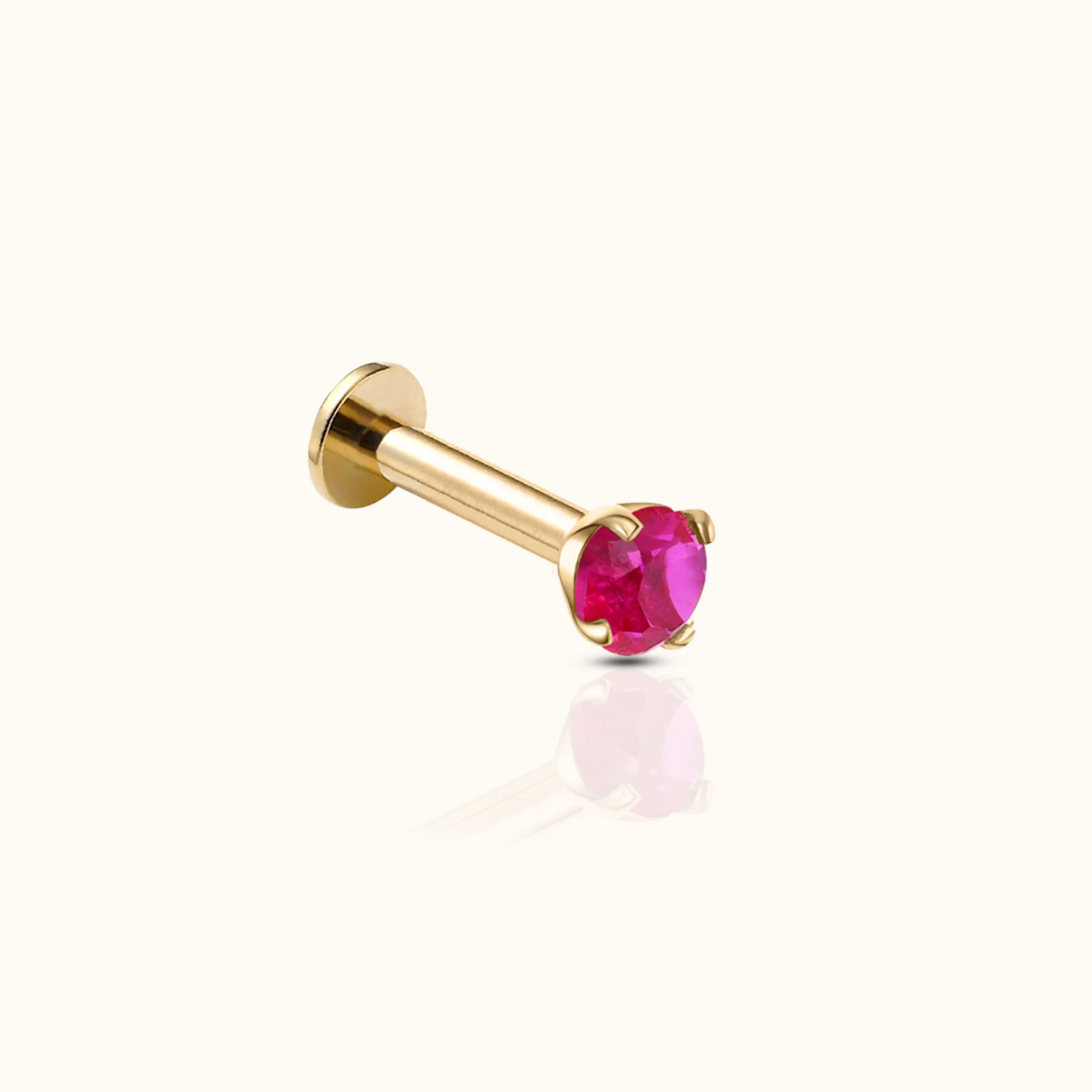 14K Solid Gold 3mm Ruby CZ Threadless Labret Flat Back Earring