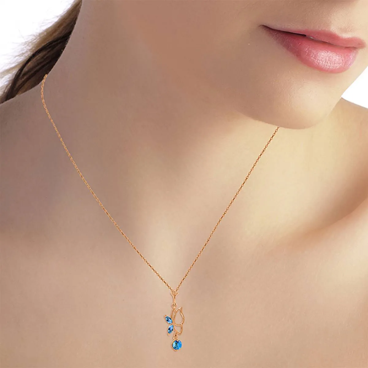 14K Solid Rose Gold Butterfly Necklace w/ Blue Topaz