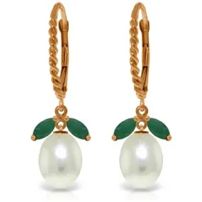 14K Solid Rose Gold Leverback Earrings Emerald & Pearl Certified