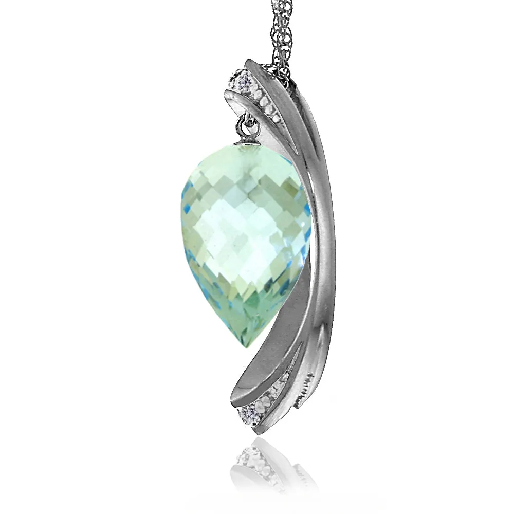 14K Solid White Gold Necklace w/ Diamonds & Briolette Pointy Drop Blue Topaz