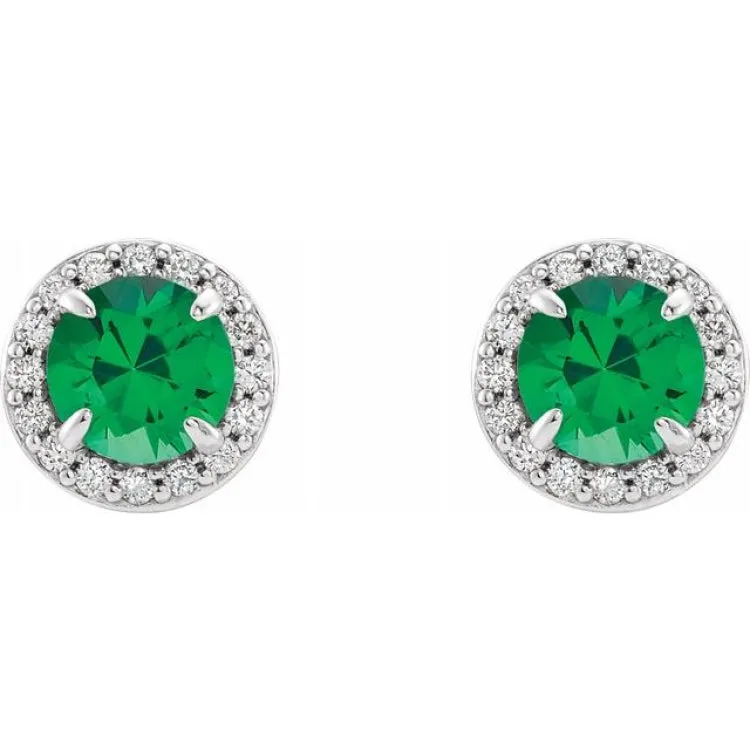 14K White 3.5 mm Round Emerald & 1/8 CTW Diamond Earrings