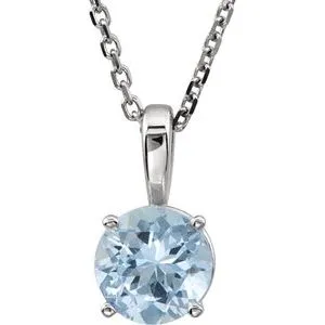 14K White 6 mm Natural Aquamarine Youth Solitaire 14" Necklace