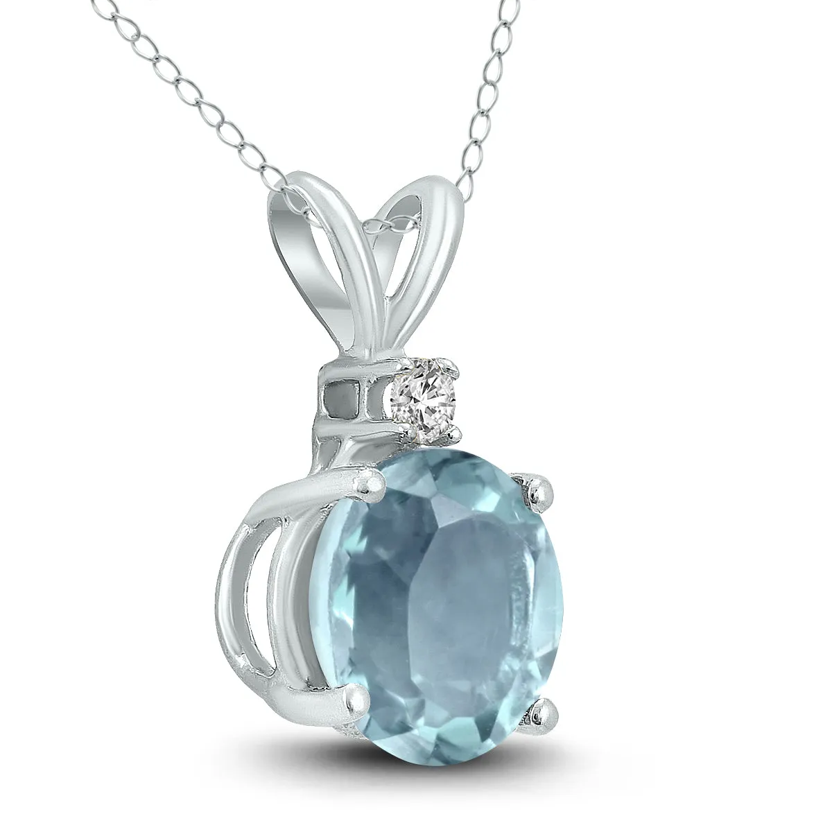 14K White Gold 5Mm Round Aquamarine And Diamond Pendant