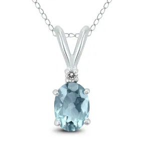 14K White Gold 6X4Mm Oval Aquamarine And Diamond Pendant