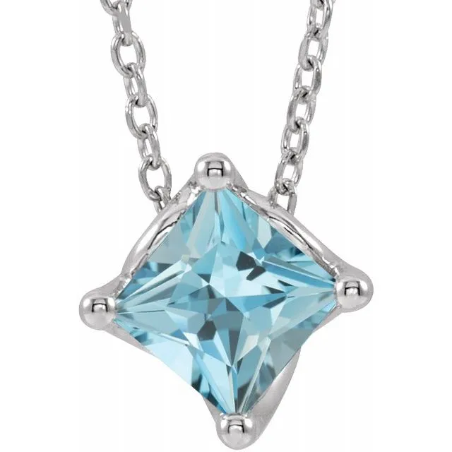 14K White Gold Aquamarine Solitaire 16-18" Necklace