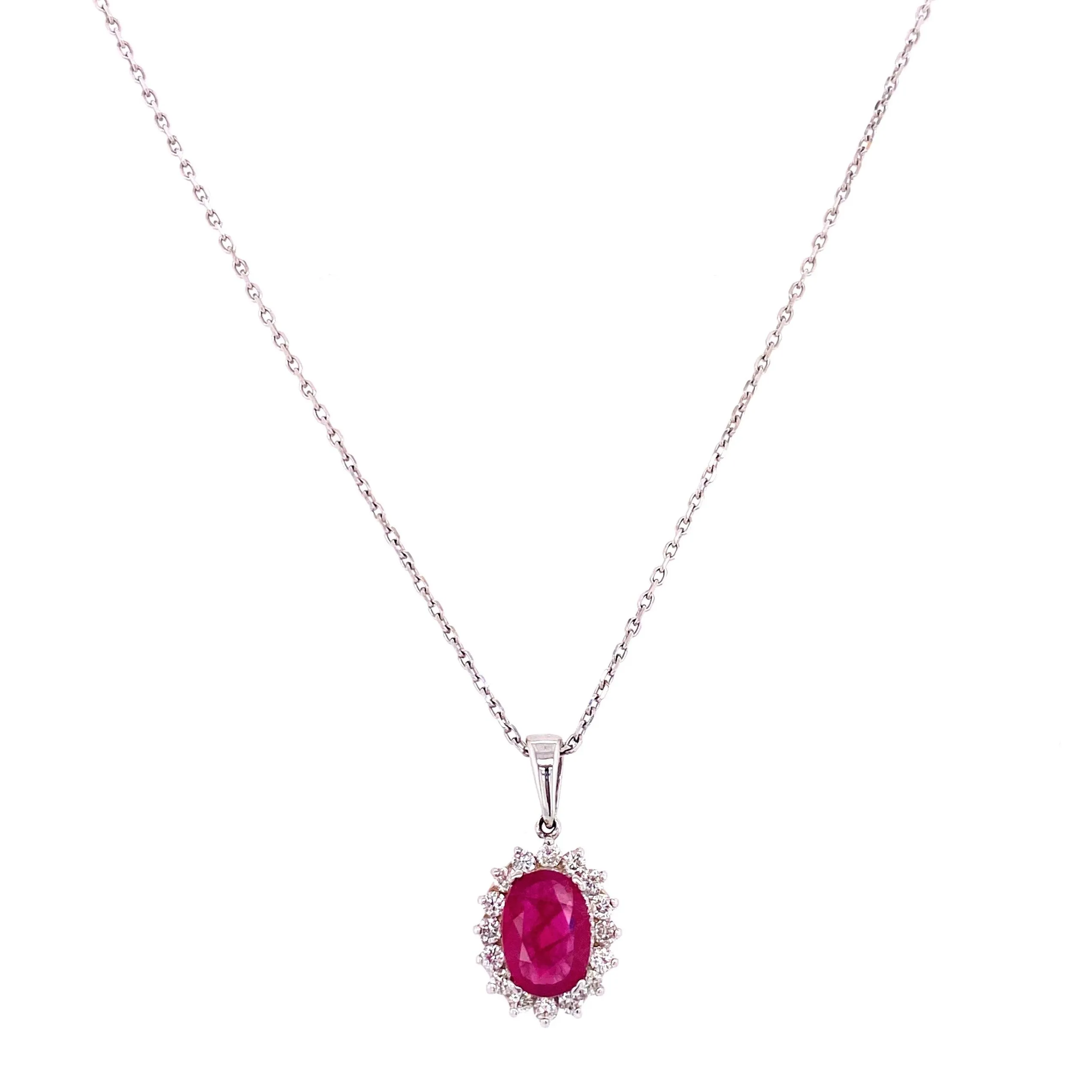 14K White Gold Diamond   Oval Ruby Necklace