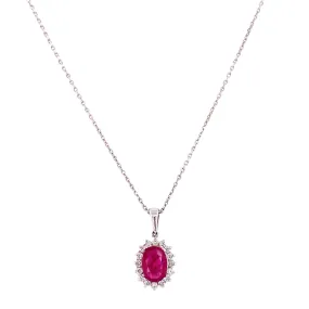 14K White Gold Diamond   Oval Ruby Necklace