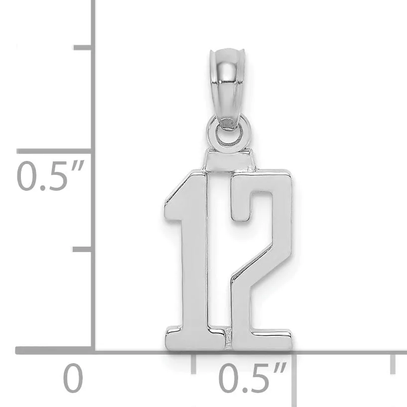 14K White Gold Polished Finished Block Script Design Number 12 Charm Pendant