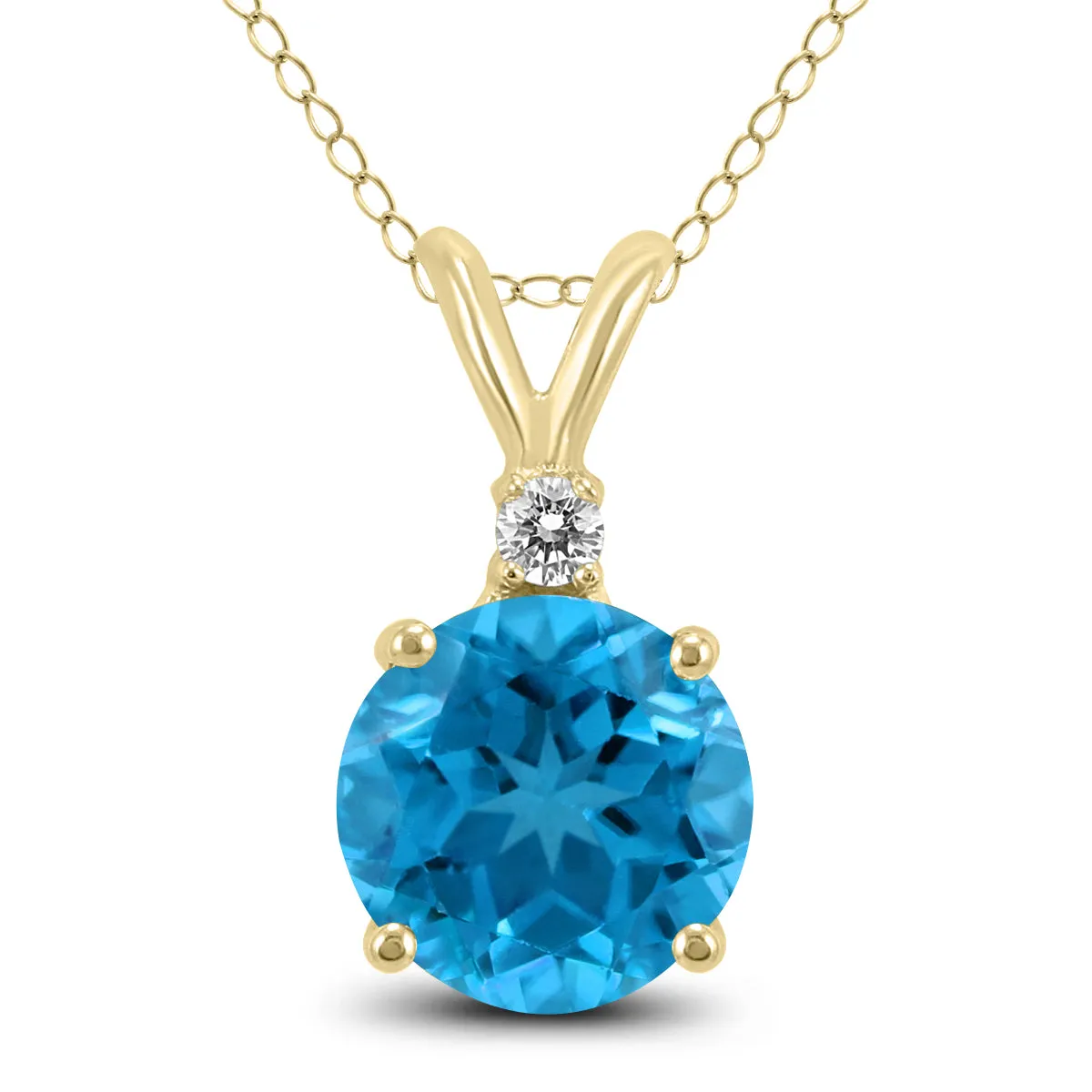 14K Yellow Gold 5Mm Round Blue Topaz And Diamond Pendant